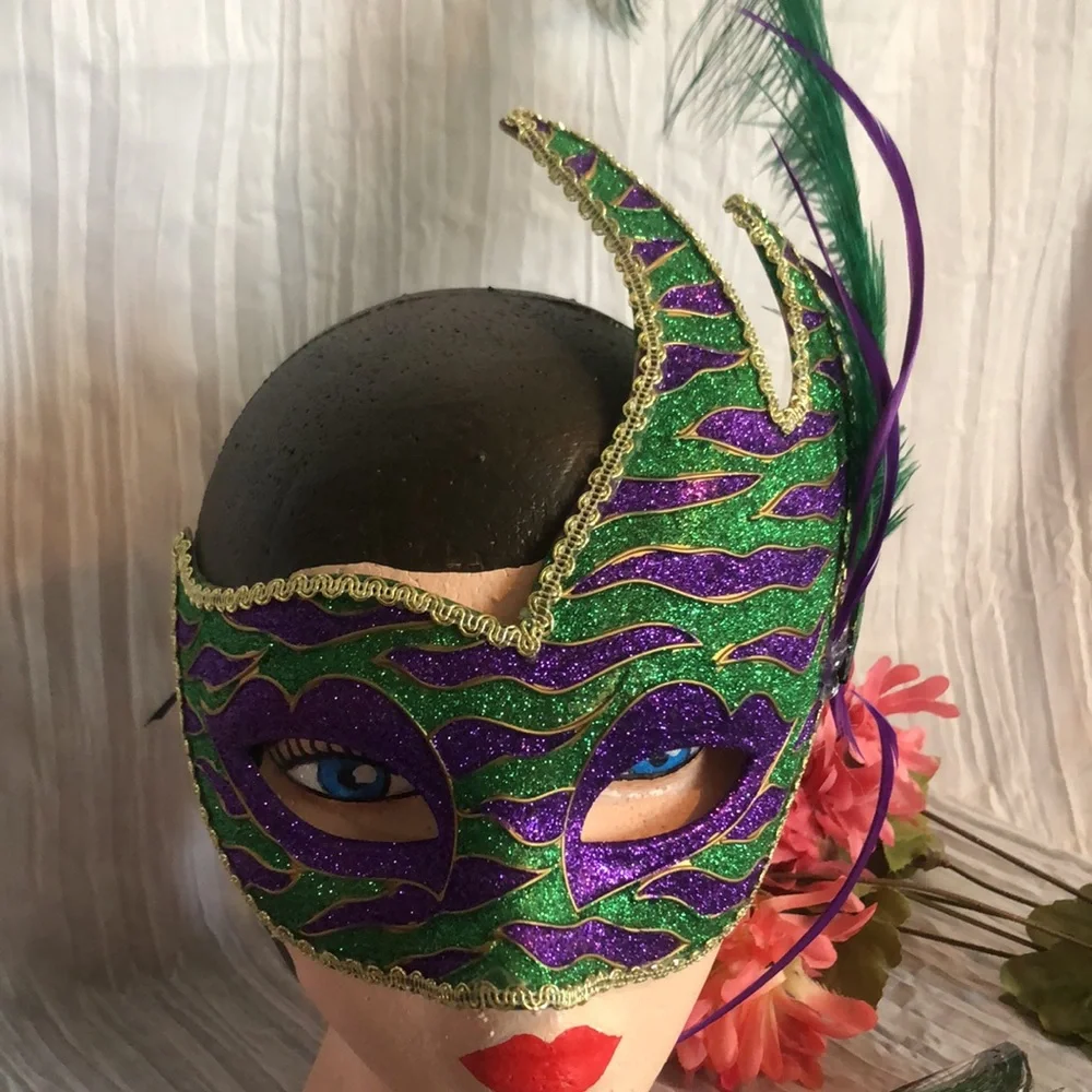 MARDI GRAS style lot of 2 masks Halloween costumes 1 NWT & 1 w/large feather